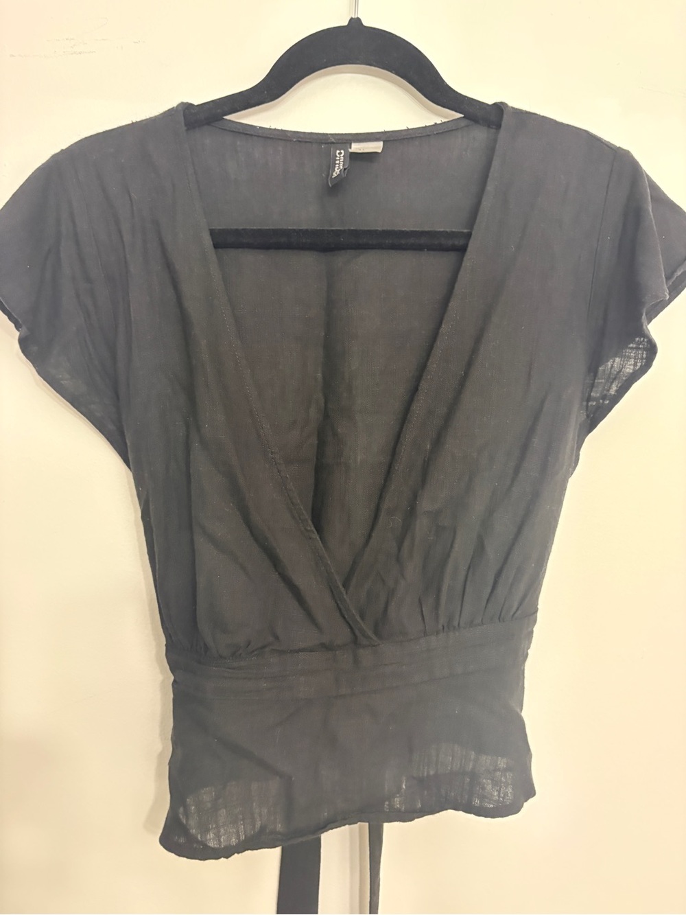 H&M Black Black Linen Short Sleeve Wrap Blouse